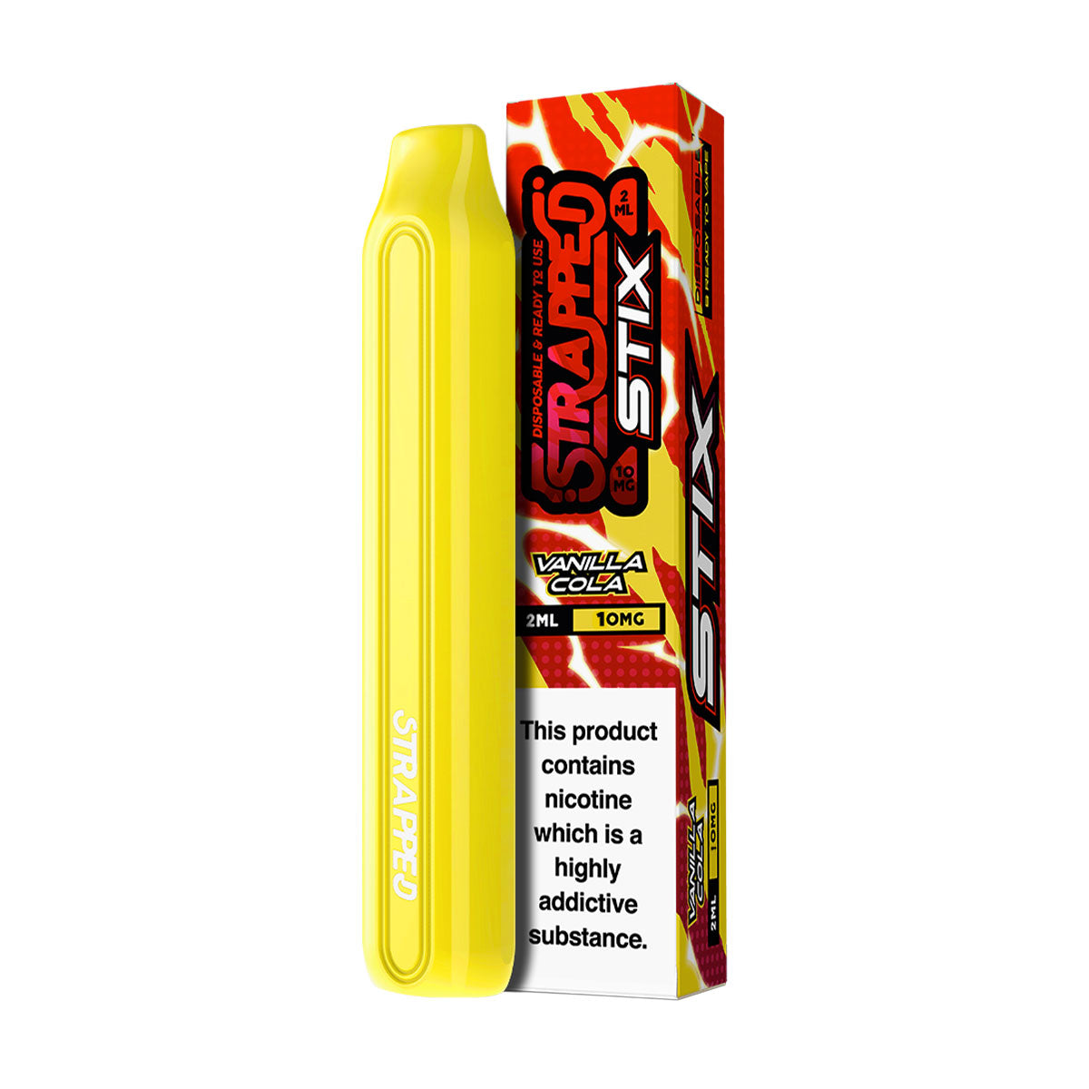 The Strapped Stix Vanilla Cola flavoured disposable vape provides the ultimate beverage flavour - smooth and creamy vanilla pods mixed masterfully with a classic cola.