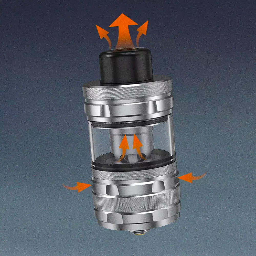 To adjust the airflow control on the Aspire Guroo Tank, simply spin the chunky and grippy AFC ring, located just above the coil ejection ring. Spin to your likeness, ranging from restricted direct to lung to full blown lung access.