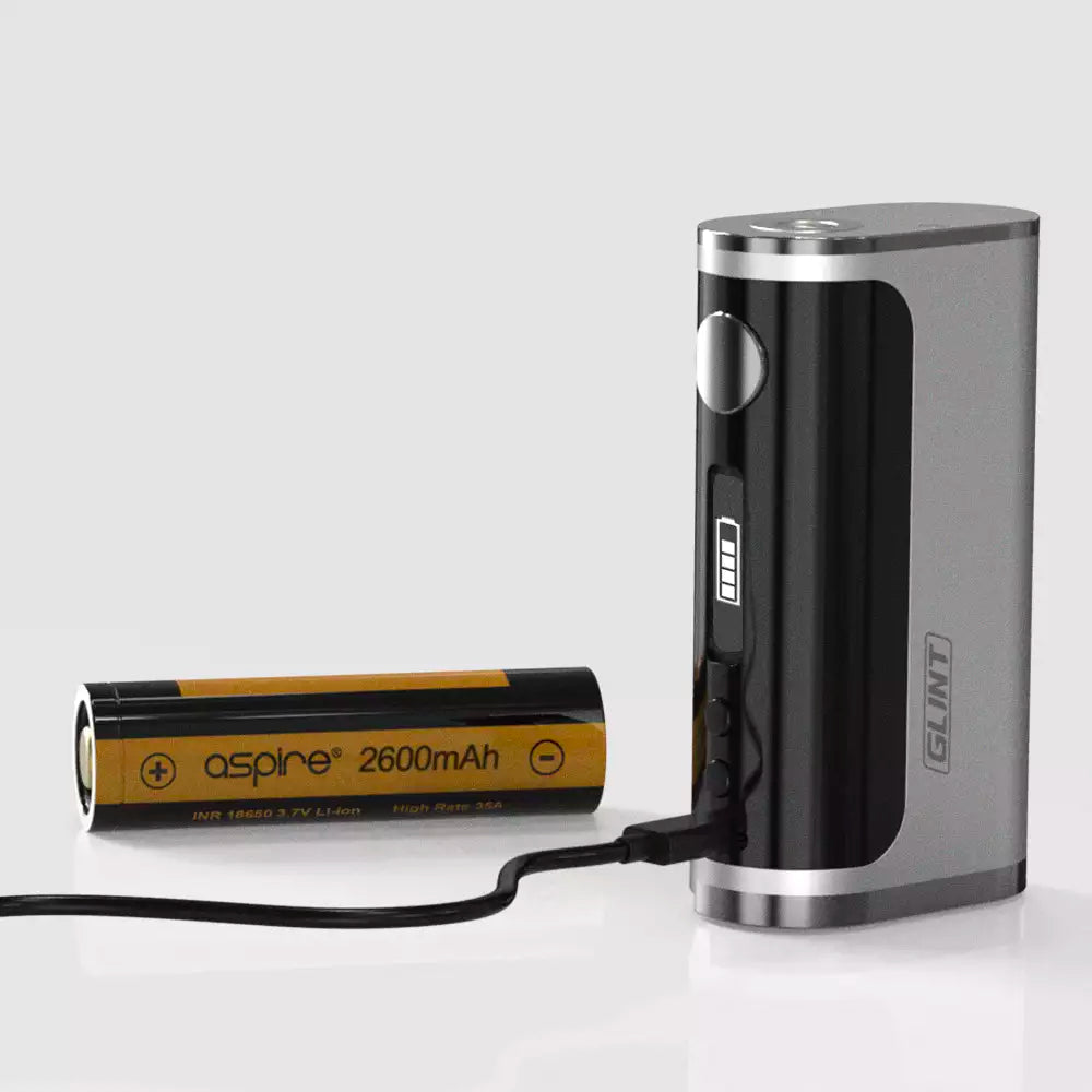 The Aspire Glint mod requires 1 18650 battery to operate, which can output at max 75w. What's more, you can charge the device via 2a USB-C charging too.