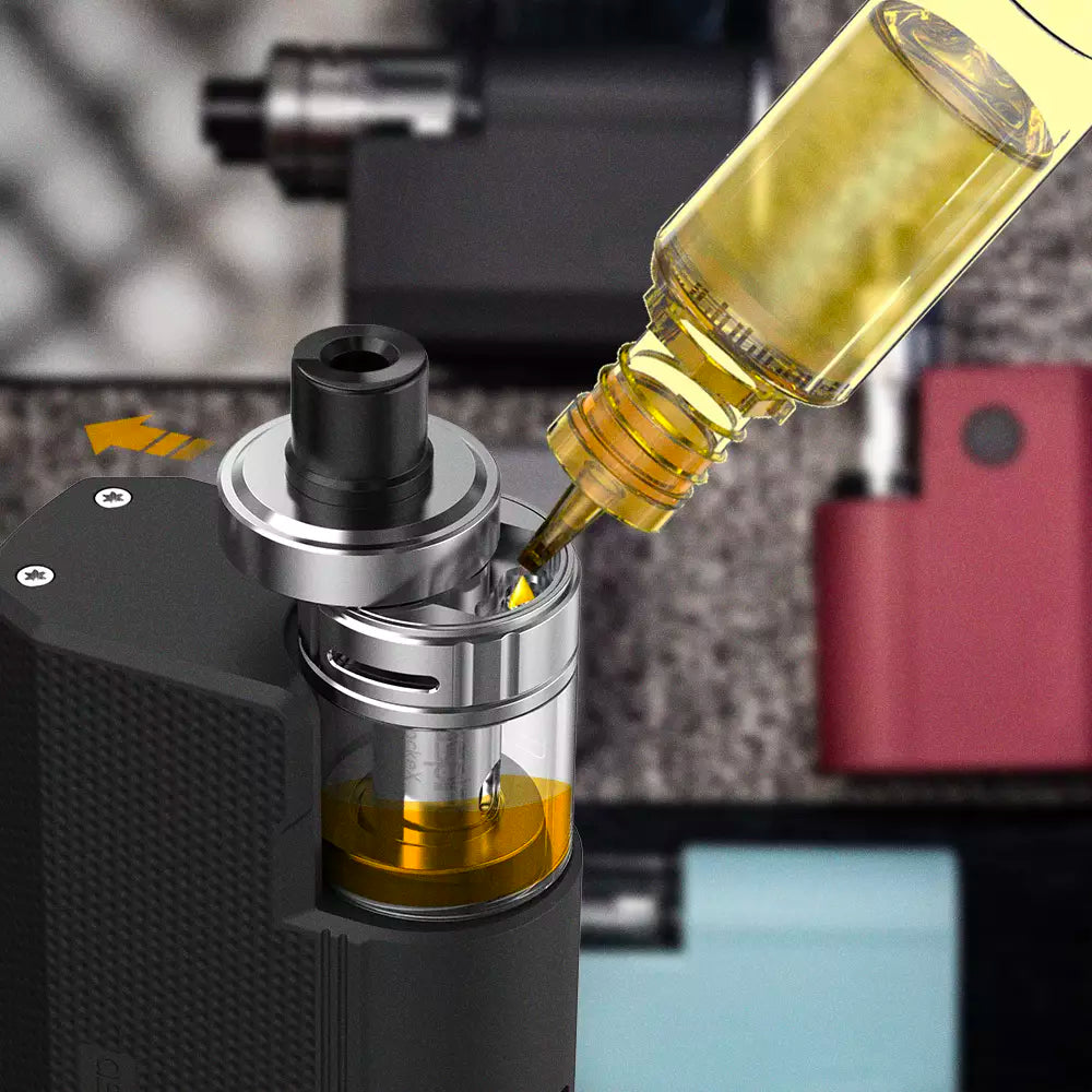 Filling the PockeX Box couldn't be easier. Simply slide open the port located on the top of the tank, and fill up with your favourite e-liquid.