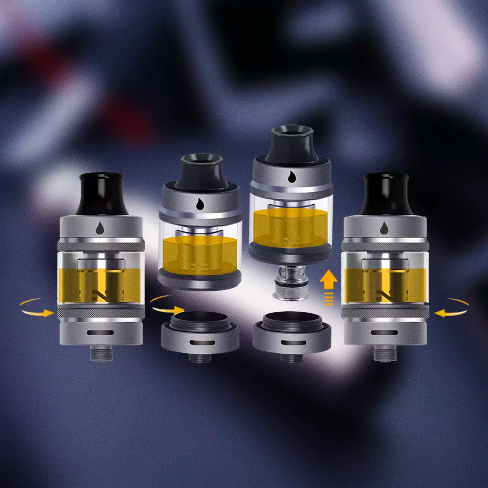 Change coil without spilling a drop. Simply unscrew the base of the tank and remove the coil. The wicking ports automatically close when the coil is removed!