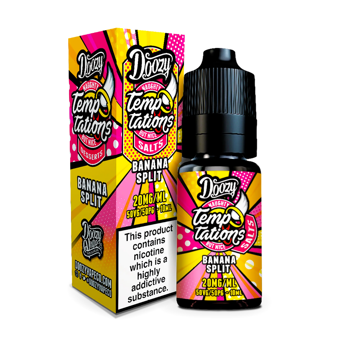 Banana Split nic salt e-liquid by Doozy Temptations recreates the flavour of a classic ice cream dessert with notes of banana, strawberry, vanilla and chocolate