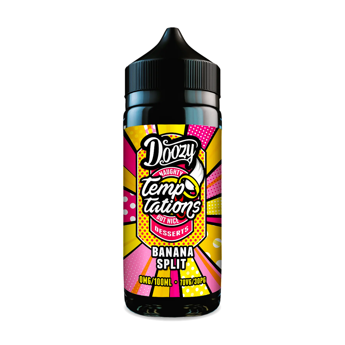 Banana Split shortfill by Doozy Temptations captures the taste of a popular ice cream dessert with banana, vanilla, strawberry and chocolate for a rich vape.