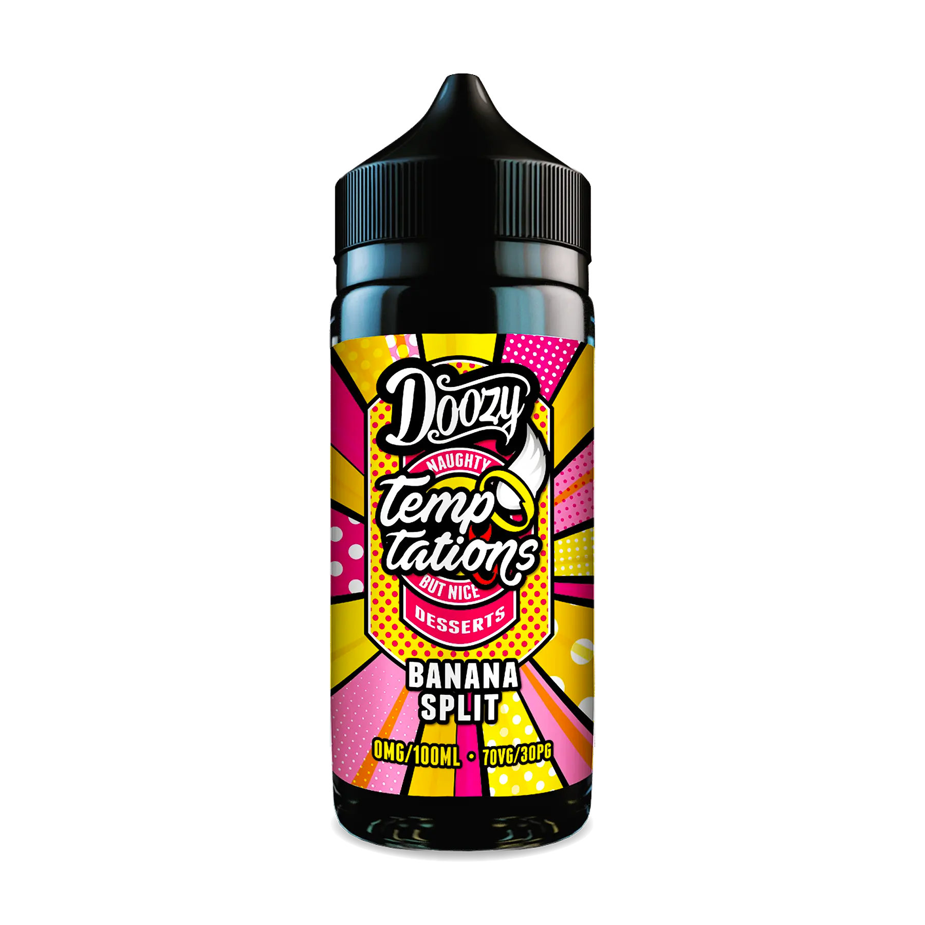 Banana Split shortfill by Doozy Temptations captures the taste of a popular ice cream dessert with banana, vanilla, strawberry and chocolate for a rich vape.