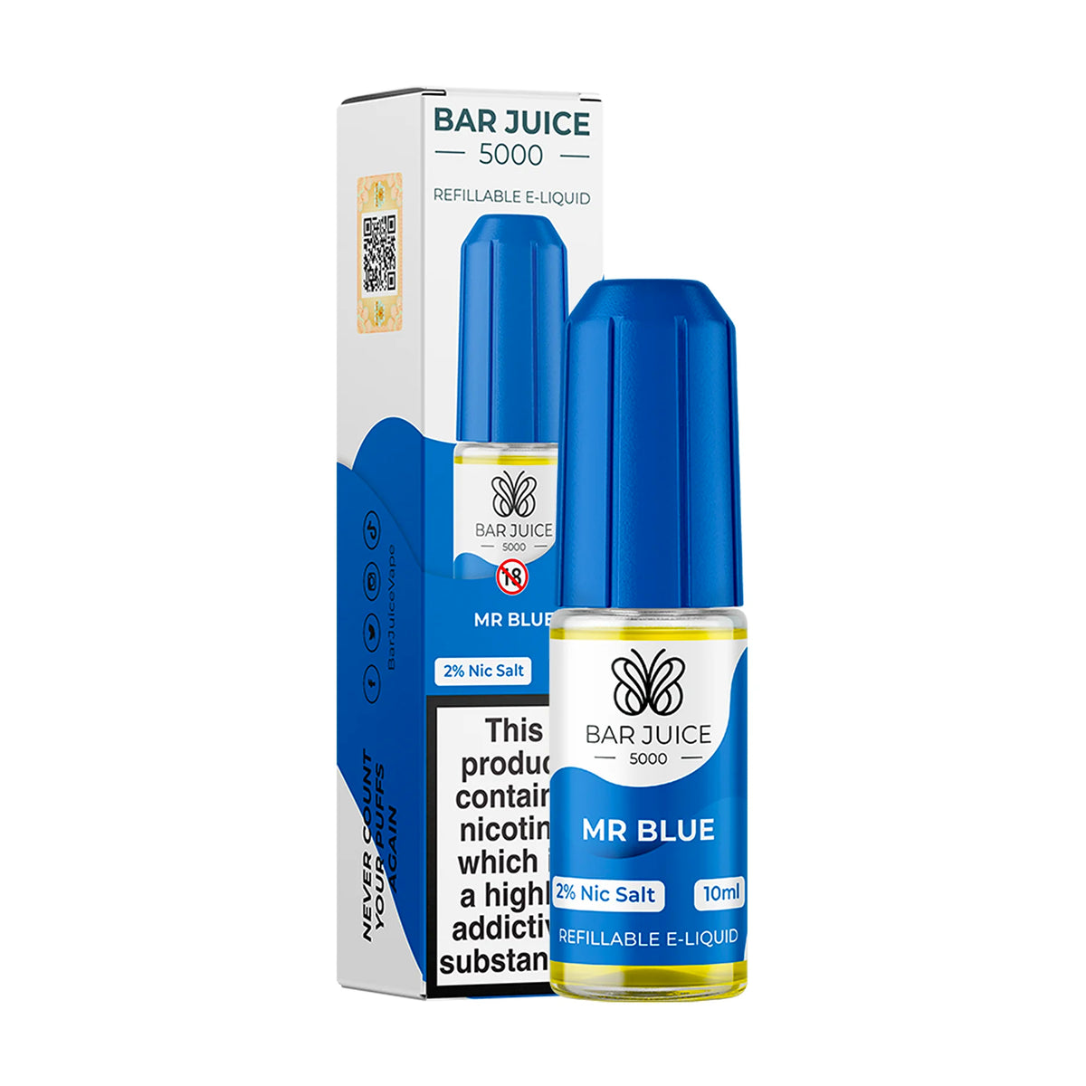 Mr Blue Nic Salt E-Liquid by Bar Juice 5000 is a classic Blue Raspberry Slush, with tasty notes of syrupy sweet raspberry and blueberry with a cool exhale.