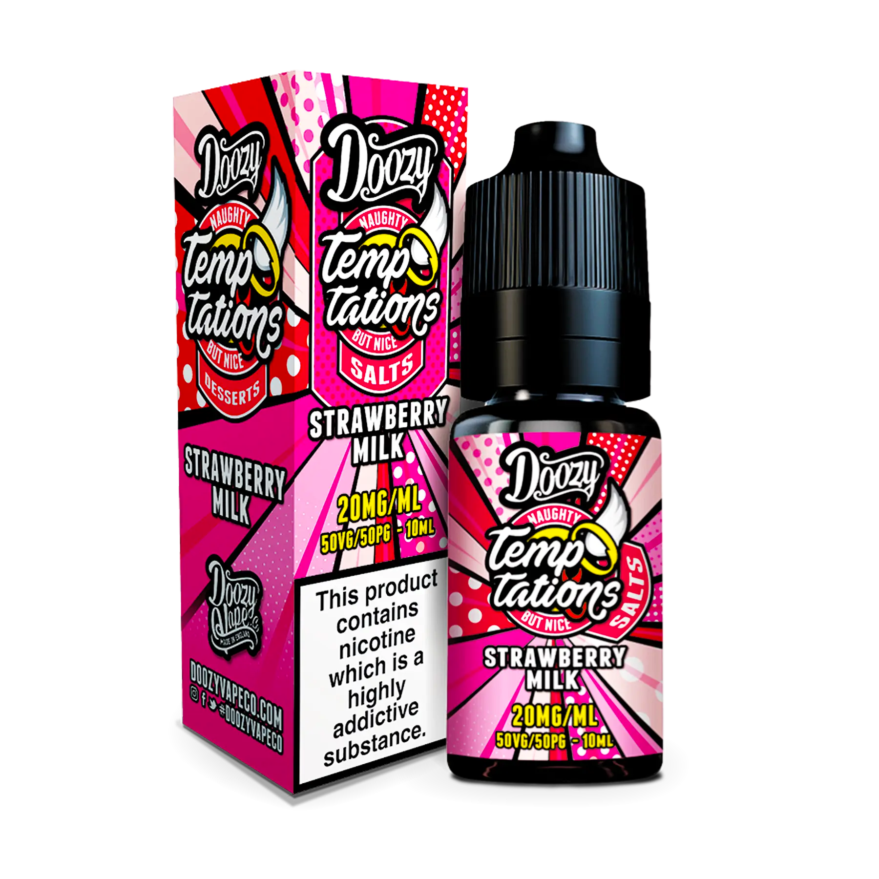 Strawberry Milk nic salt by Doozy Temptations is a combination of freshly-picked juicy-tasting strawberries and creamy milk for a sweet and fruity all-day vape.